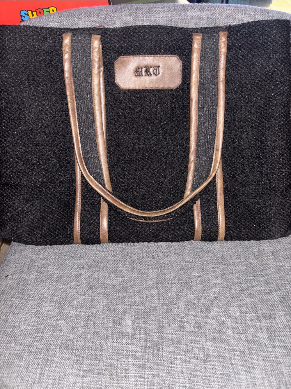 Vintage Black Tote with Brown Trim and Handles bag
